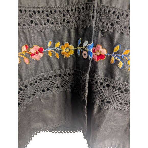 Womens Button-Up Blouse Sz L Black Embroidered Eyelet Lace Boho Hippie Festival - Picture 3 of 7